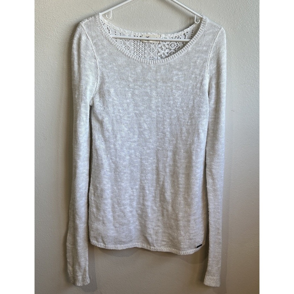 Hollister Women's Large Long Sleeve Ivory Top crochet Lace Pullover Sheer Scoop